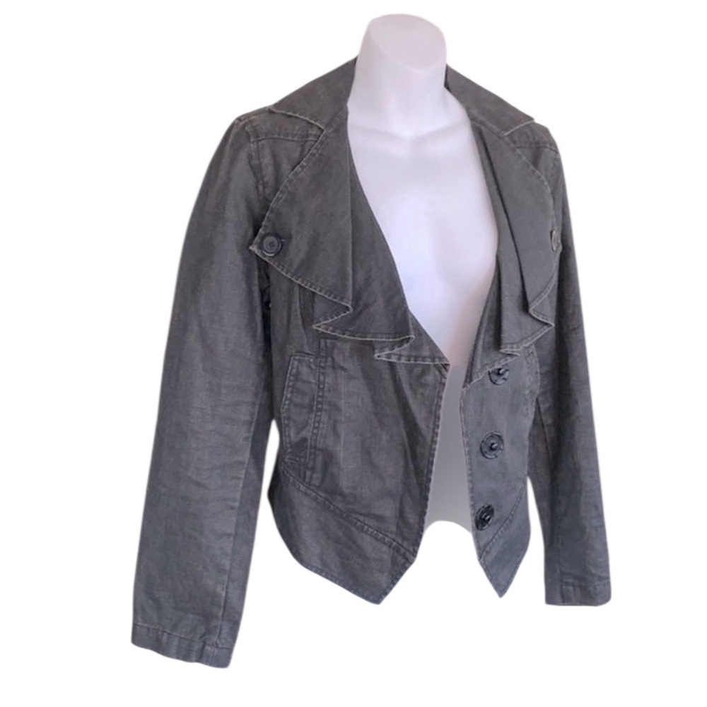 Cabi jacket women's S, dark grey, linen ruffle collar, big snaps, pockets. EUC
